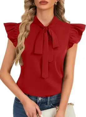 Rooscier Women's Bow Tie Neck Ruffle Cap Sleeve Elegant Office Blouse Shirt Tops