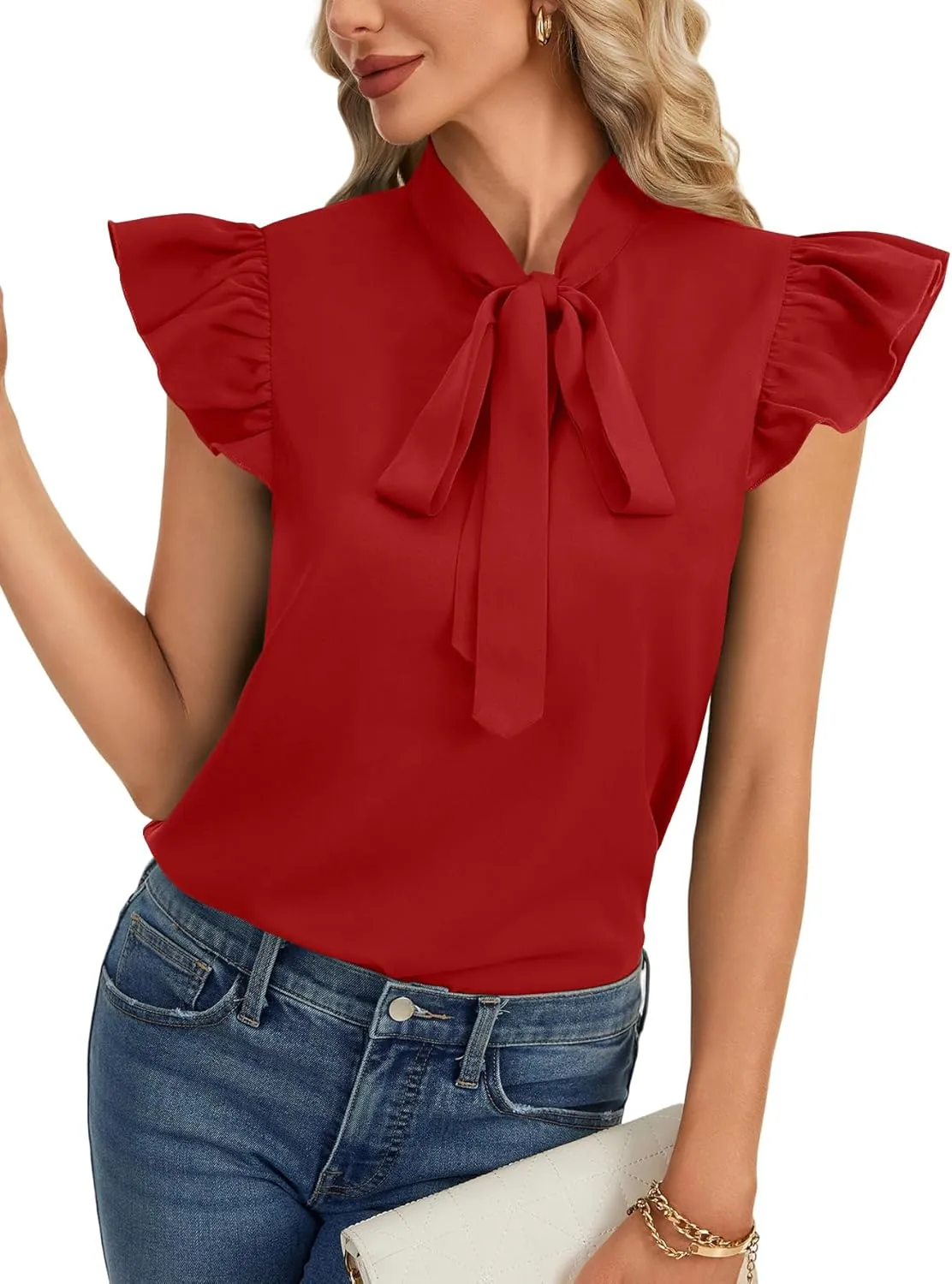 Rooscier Women's Bow Tie Neck Ruffle Cap Sleeve Elegant Office Blouse Shirt Tops