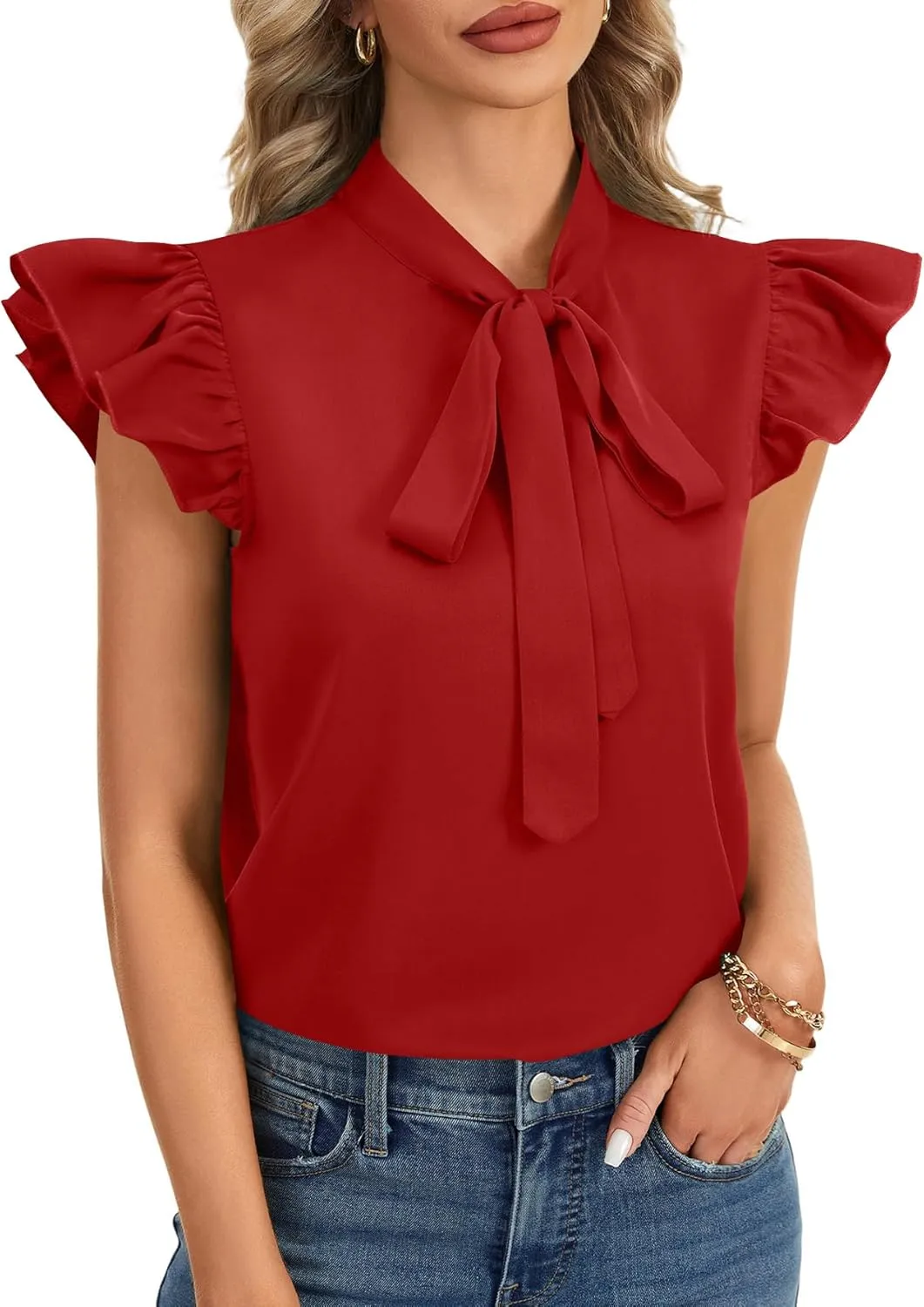 Rooscier Women's Bow Tie Neck Ruffle Cap Sleeve Elegant Office Blouse Shirt Tops