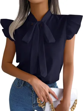 Rooscier Women's Bow Tie Neck Ruffle Cap Sleeve Elegant Office Blouse Shirt Tops