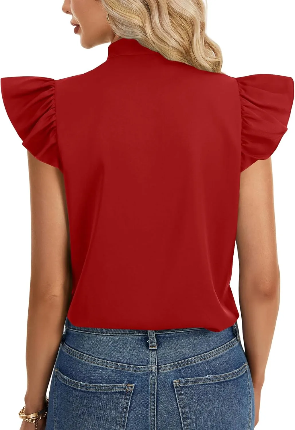 Rooscier Women's Bow Tie Neck Ruffle Cap Sleeve Elegant Office Blouse Shirt Tops