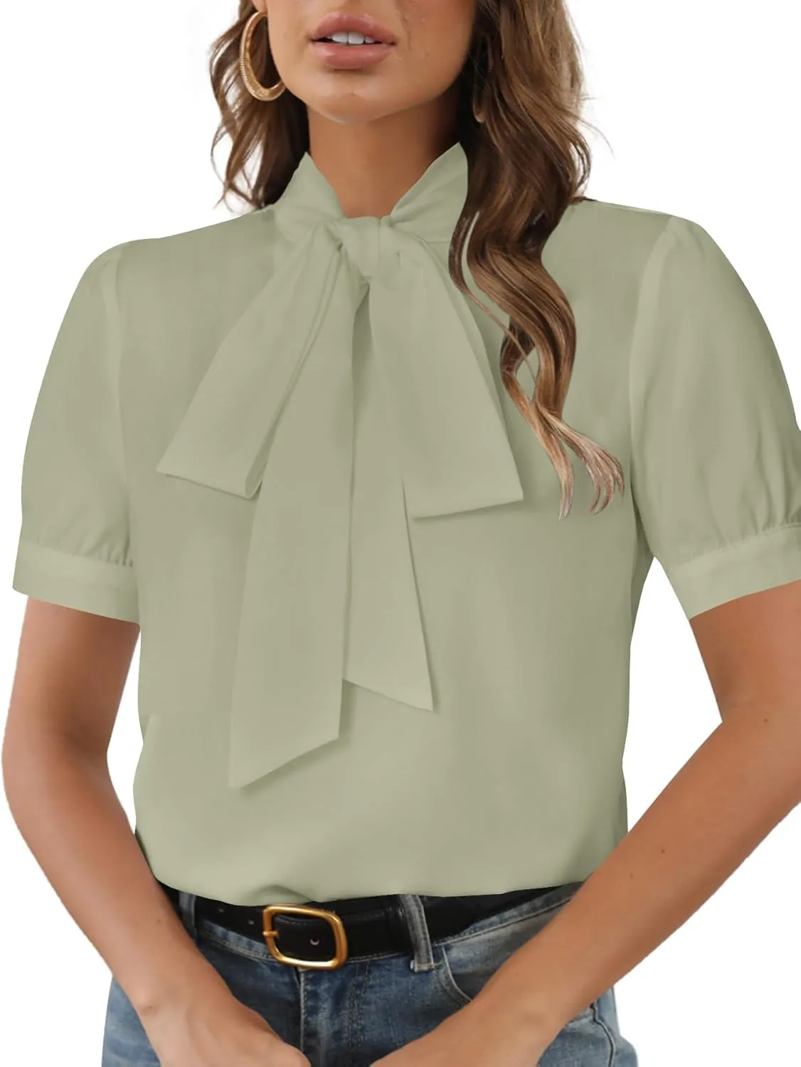 Rooscier Women's Bow Tie Neck Short Sleeve Elegant Office Workwear Blouse Shirt Tops