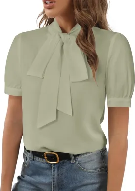 Rooscier Women's Bow Tie Neck Short Sleeve Elegant Office Workwear Blouse Shirt Tops