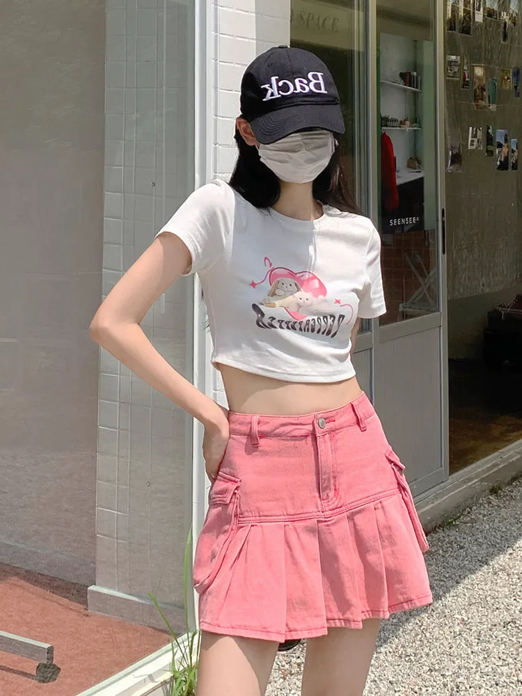Sexy Sweet Summer Girl Cool Hot Pink Pleated Denim Mini Skirt