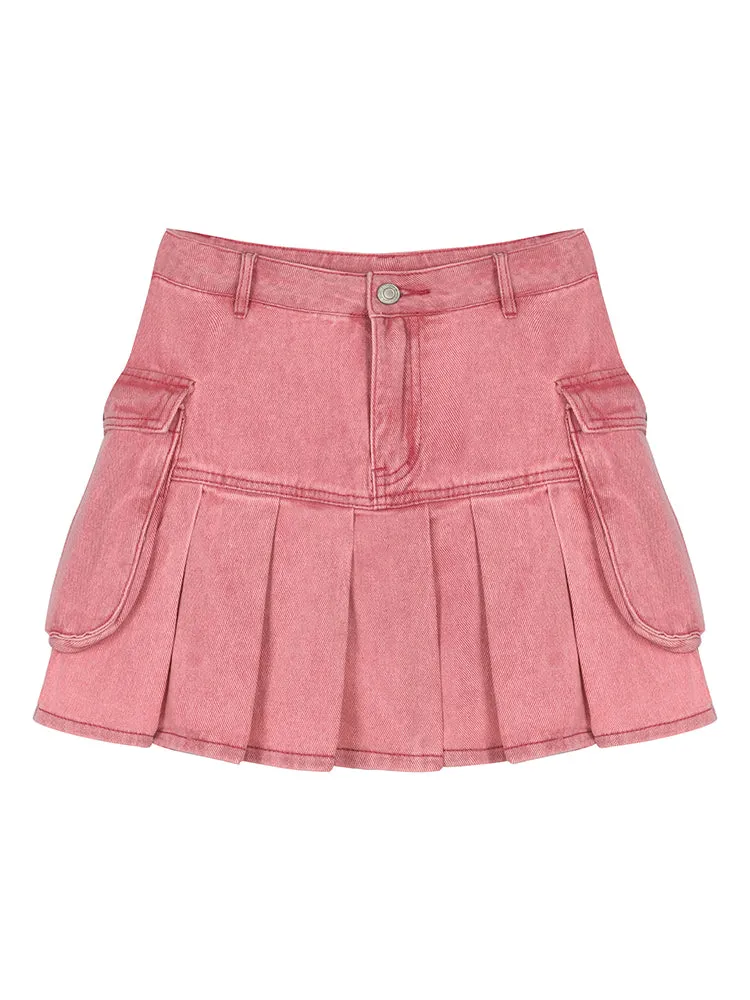 Sexy Sweet Summer Girl Cool Hot Pink Pleated Denim Mini Skirt