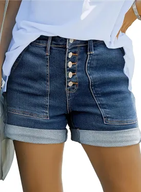 Sidefeel Womens Jean Shorts High Waisted Stretchy Buttoned Folded Hem Zimbaplatinum Denim Shorts