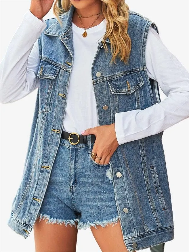 Solid Button Down Sleeveless Denim Vest