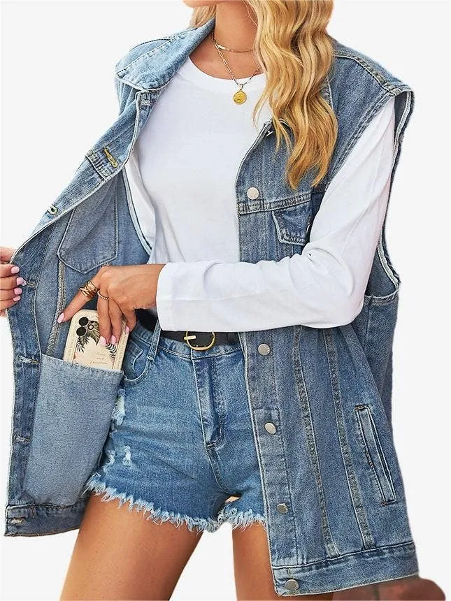 Solid Button Down Sleeveless Denim Vest