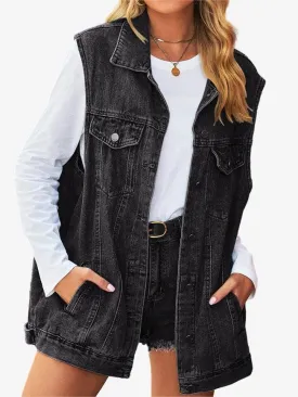 Solid Button Down Sleeveless Denim Vest
