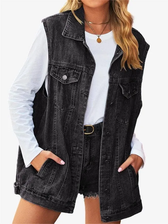 Solid Button Down Sleeveless Denim Vest