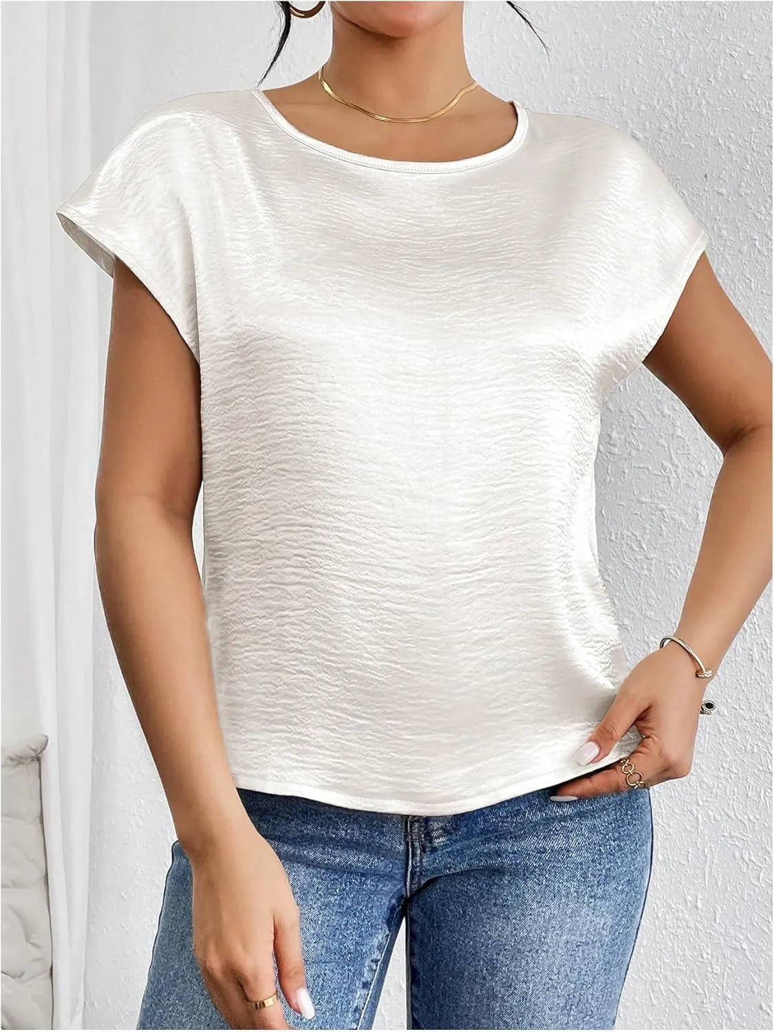 SweatyRocks Women's Crew Neck Satin Blouse Cap Short Sleeve Party Blouse Shirts Tops