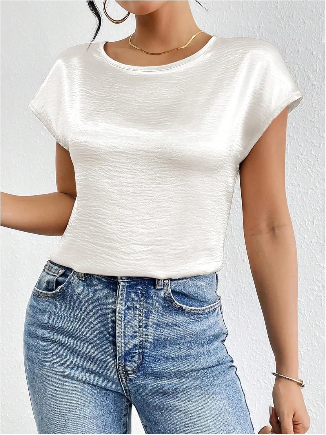 SweatyRocks Women's Crew Neck Satin Blouse Cap Short Sleeve Party Blouse Shirts Tops