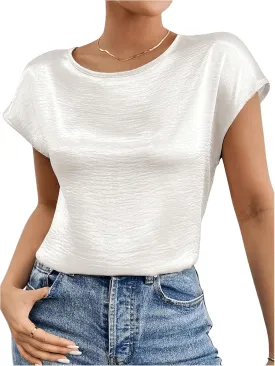 SweatyRocks Women's Crew Neck Satin Blouse Cap Short Sleeve Party Blouse Shirts Tops