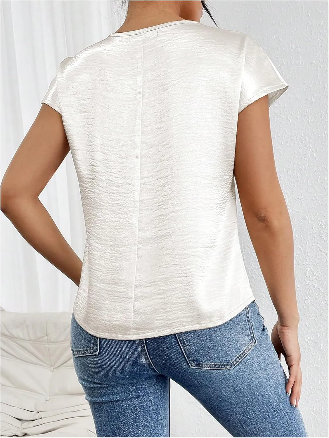 SweatyRocks Women's Crew Neck Satin Blouse Cap Short Sleeve Party Blouse Shirts Tops