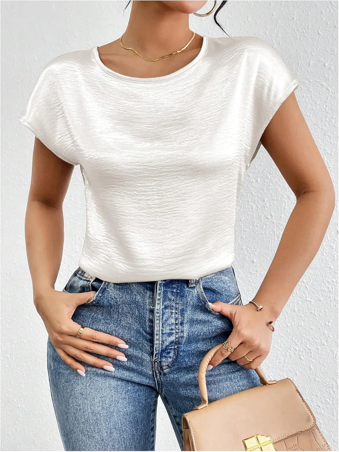SweatyRocks Women's Crew Neck Satin Blouse Cap Short Sleeve Party Blouse Shirts Tops