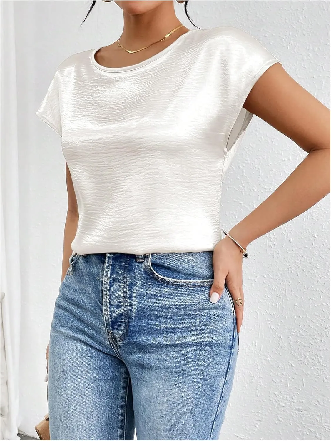SweatyRocks Women's Crew Neck Satin Blouse Cap Short Sleeve Party Blouse Shirts Tops