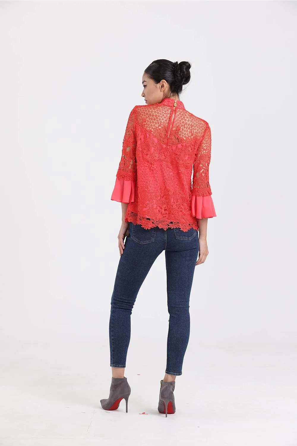 TANGERINE FLORAL LACE TOP WITH RUFFLED QUARTER SLEEVES