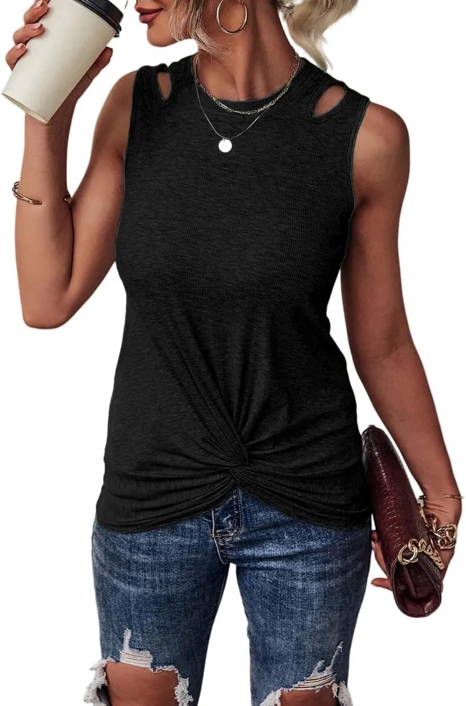 Tank Top for Women Twist Front Tops Cut Out Sleeveless Blouse Cold Shoulder Summer Casual Vest Cropped Tee Shirts