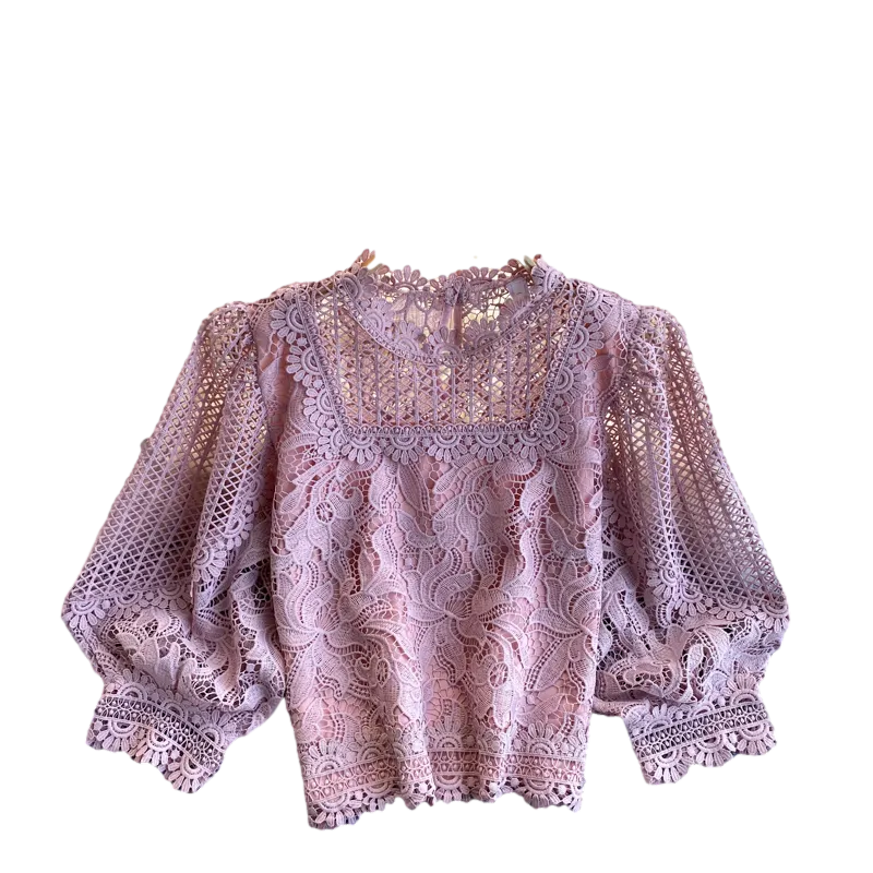 TEEK - French Hollow Round Neck Puff Blouse