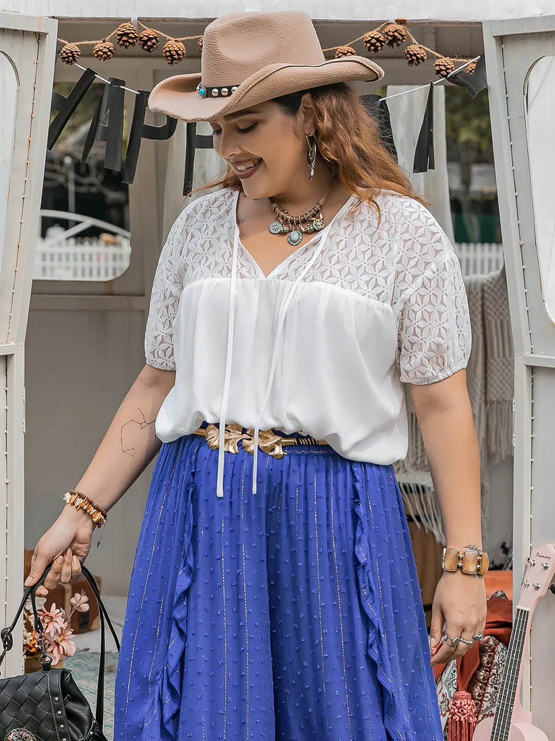 TEEK - Plus Size White Tie Neck Short Sleeve Blouse