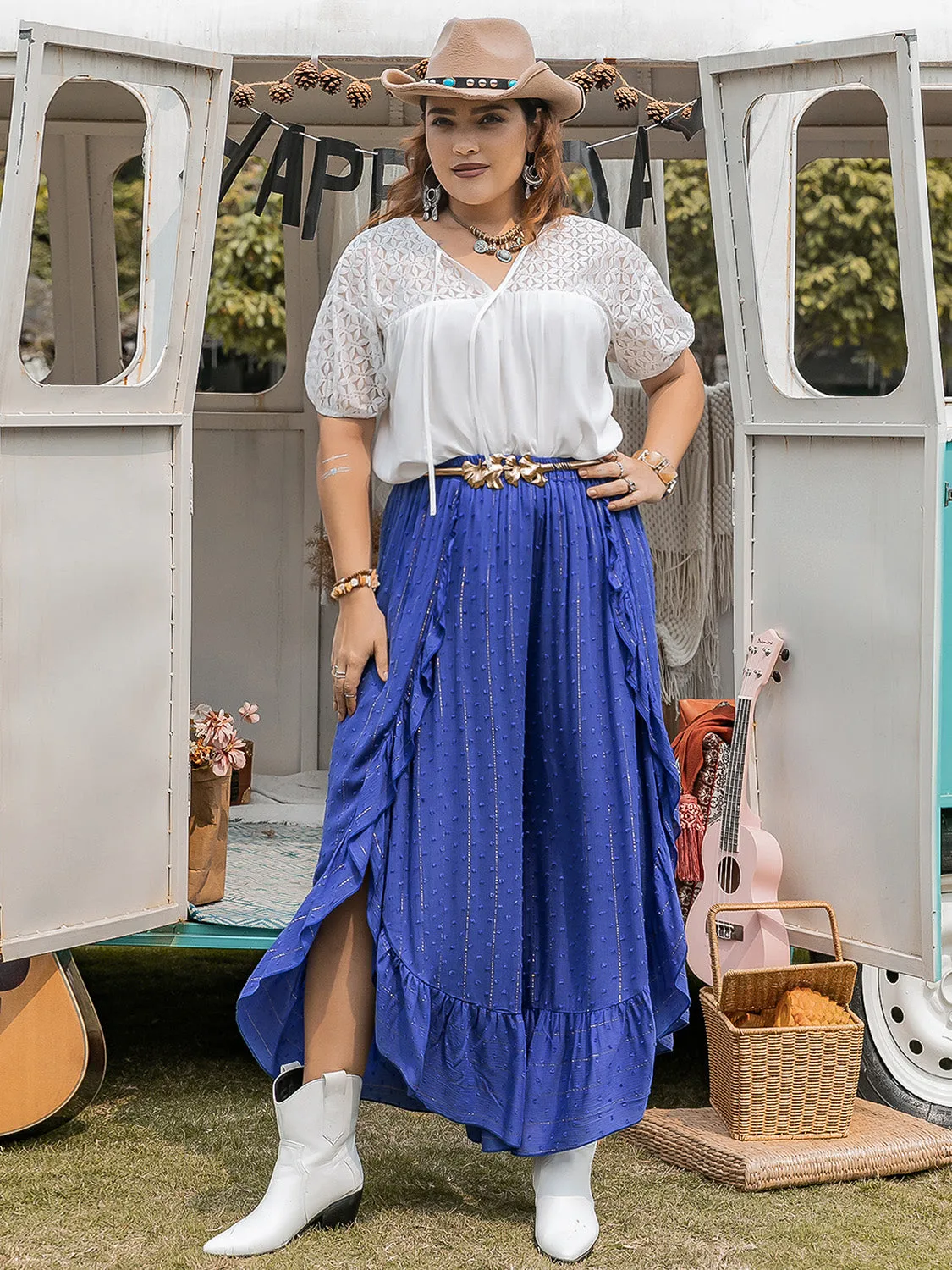 TEEK - Plus Size White Tie Neck Short Sleeve Blouse