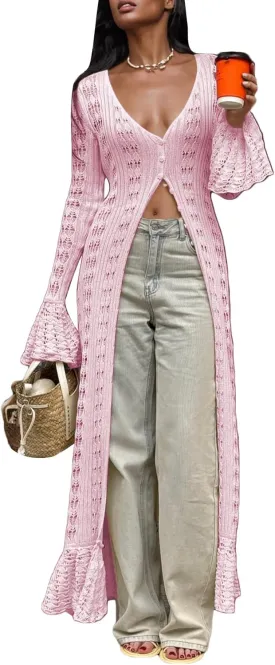 Unybwonn Women Cropped Cardigan Sweater Bell Long Sleeve Knit Crochet Cardigan Crop Top Casual Hollow Out Bolero Shrug