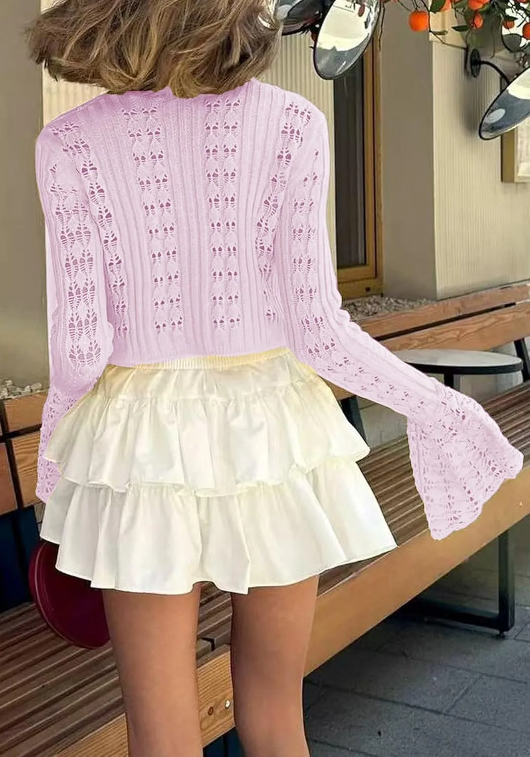 Unybwonn Women Cropped Cardigan Sweater Bell Long Sleeve Knit Crochet Cardigan Crop Top Casual Hollow Out Bolero Shrug