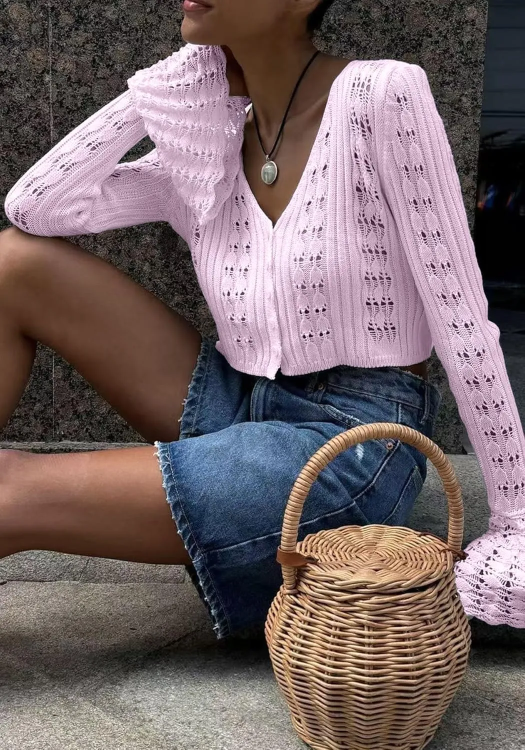 Unybwonn Women Cropped Cardigan Sweater Bell Long Sleeve Knit Crochet Cardigan Crop Top Casual Hollow Out Bolero Shrug