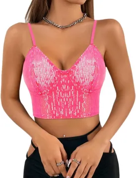 Vimoisa Women Reflective Metallic Tank Top Bustier Spaghetti Strap Crop Top Tight Sleeveless Tube Top Vest Blouse