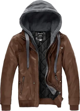 wantdo Men's Faux Leather Jacket with Removable Hood Motorcycle Jacket Casual Warm Winter Coat