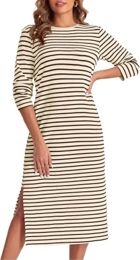 Wenrine Womens Striped Midi Dress Casual Long Sleeve Side Slit Loose T Shirt Dresses