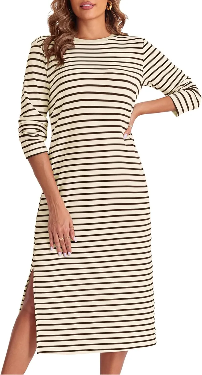 Wenrine Womens Striped Midi Dress Casual Long Sleeve Side Slit Loose T Shirt Dresses