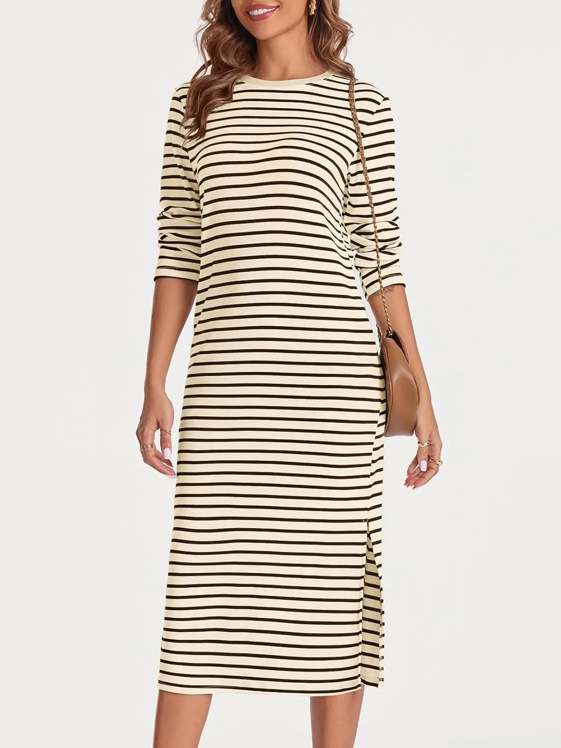 Wenrine Womens Striped Midi Dress Casual Long Sleeve Side Slit Loose T Shirt Dresses
