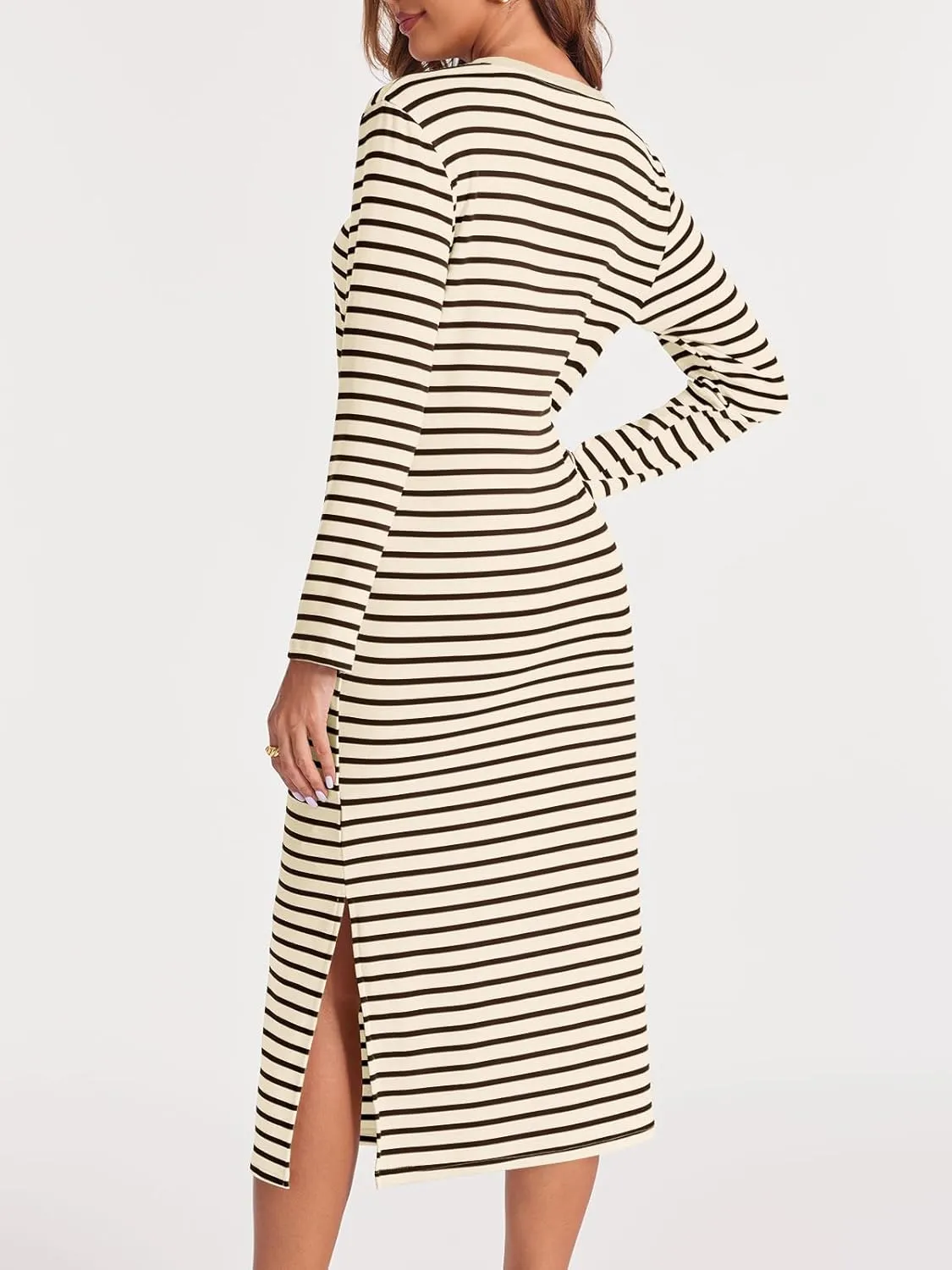 Wenrine Womens Striped Midi Dress Casual Long Sleeve Side Slit Loose T Shirt Dresses