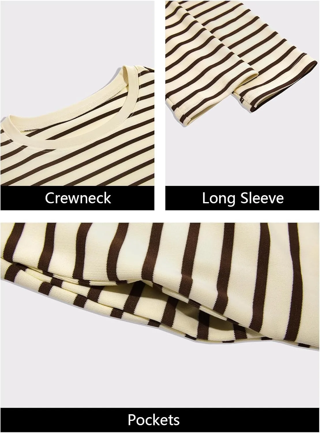 Wenrine Womens Striped Midi Dress Casual Long Sleeve Side Slit Loose T Shirt Dresses