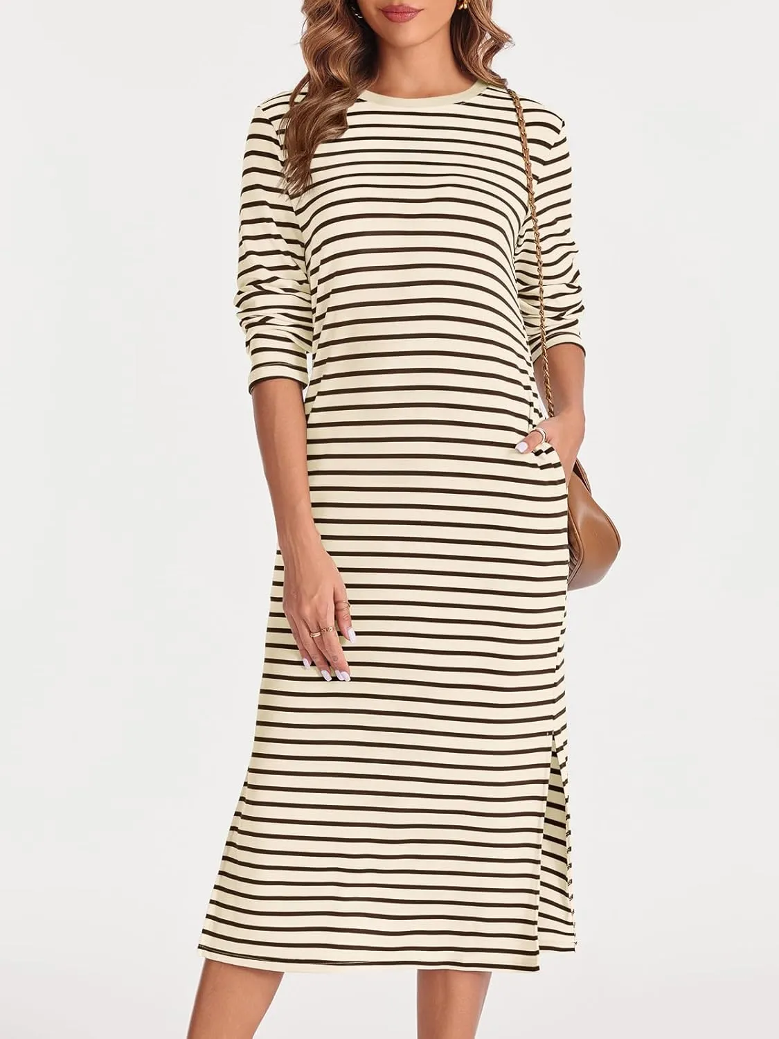 Wenrine Womens Striped Midi Dress Casual Long Sleeve Side Slit Loose T Shirt Dresses