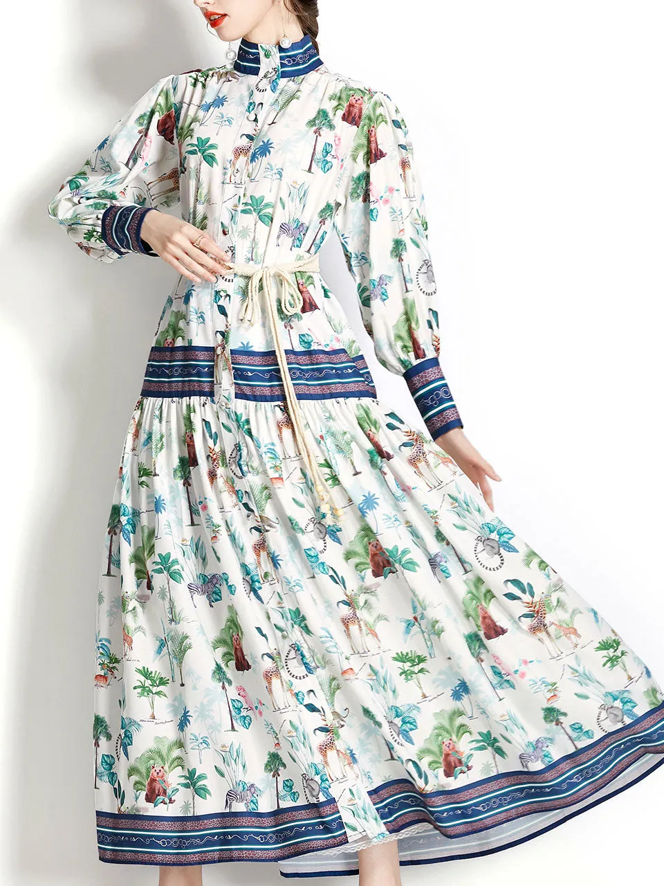 White High Collar Lantern Sleeve Floral Print Bohemian Dress Maxi Dress
