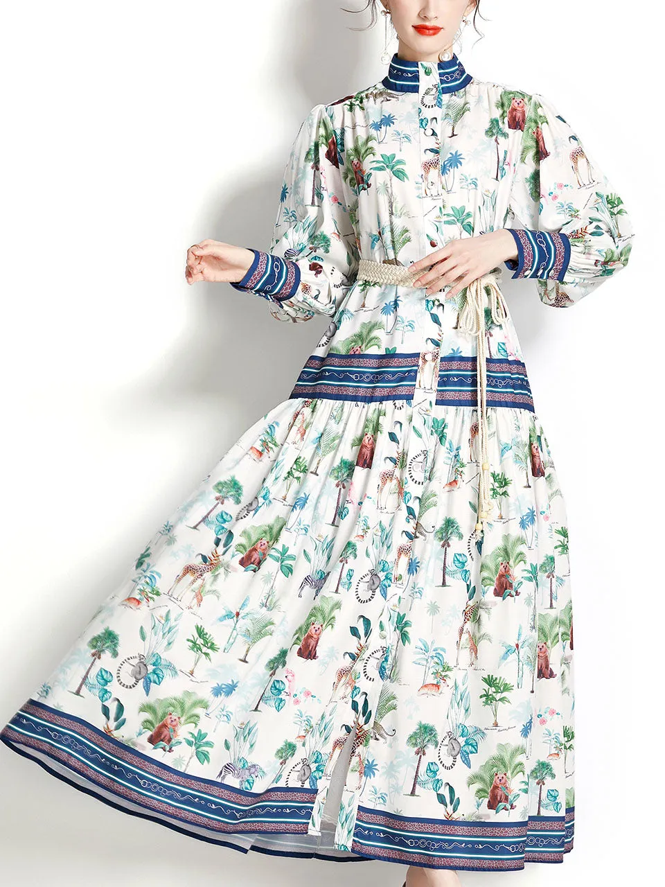 White High Collar Lantern Sleeve Floral Print Bohemian Dress Maxi Dress