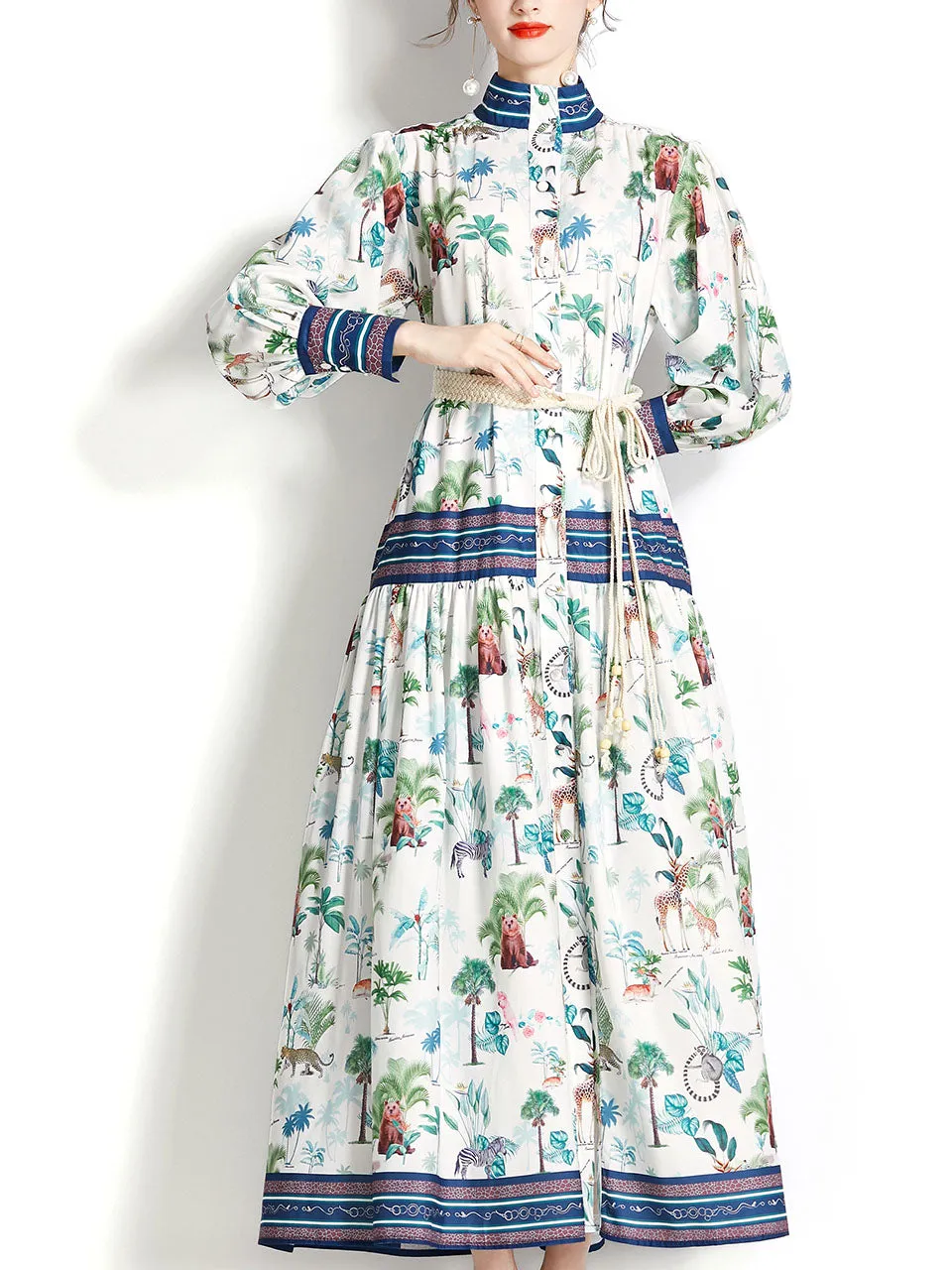 White High Collar Lantern Sleeve Floral Print Bohemian Dress Maxi Dress