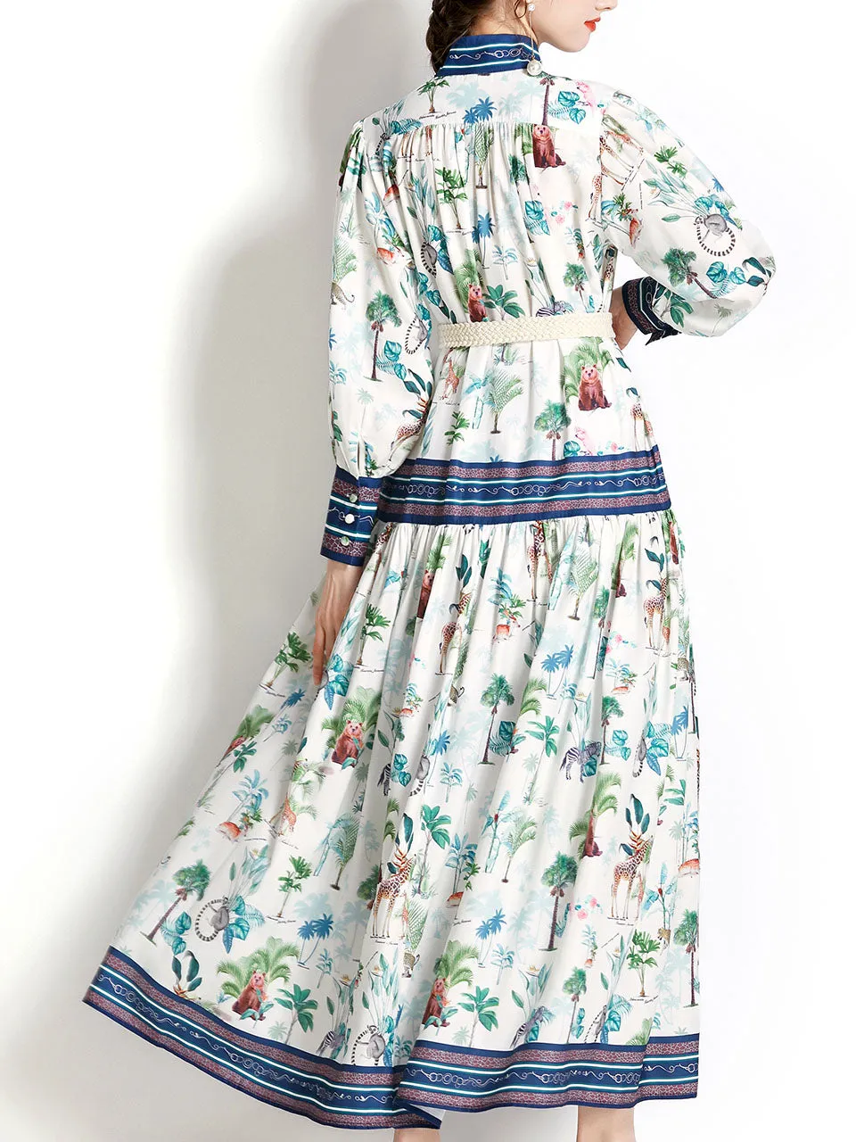 White High Collar Lantern Sleeve Floral Print Bohemian Dress Maxi Dress