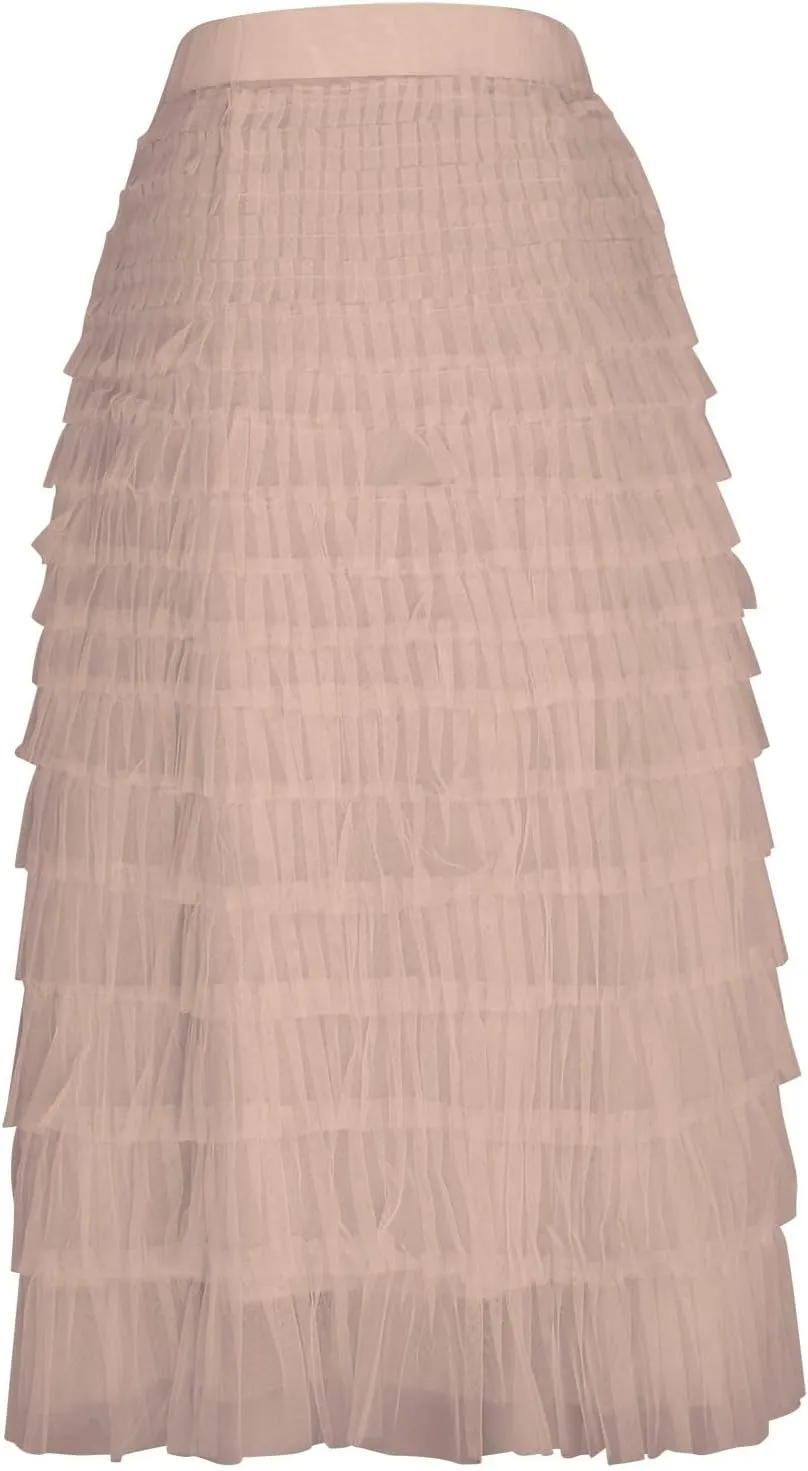 Women Flowy Maxi Skirts High Waist Elastic Multilayer Tulle Pleated Fairy Tiered Layered Ruffle Long Cake Skirt