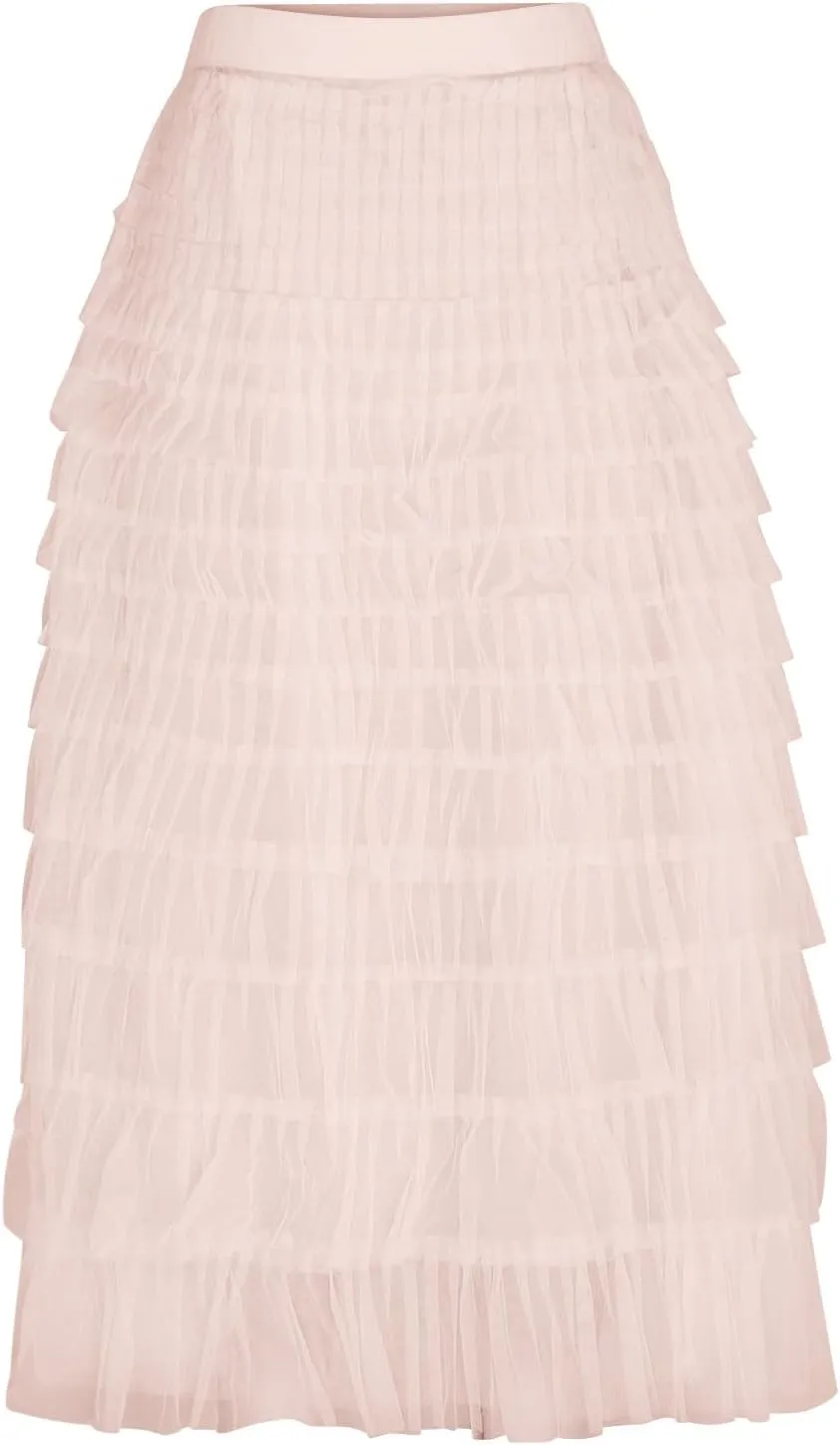 Women Flowy Maxi Skirts High Waist Elastic Multilayer Tulle Pleated Fairy Tiered Layered Ruffle Long Cake Skirt