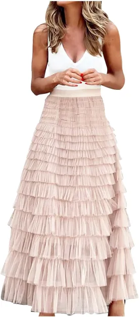 Women Flowy Maxi Skirts High Waist Elastic Multilayer Tulle Pleated Fairy Tiered Layered Ruffle Long Cake Skirt