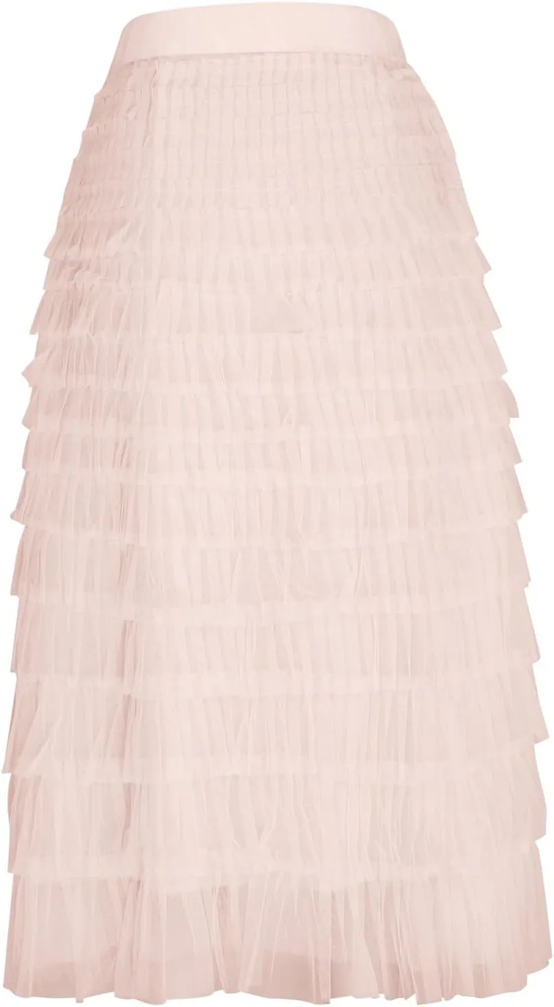 Women Flowy Maxi Skirts High Waist Elastic Multilayer Tulle Pleated Fairy Tiered Layered Ruffle Long Cake Skirt