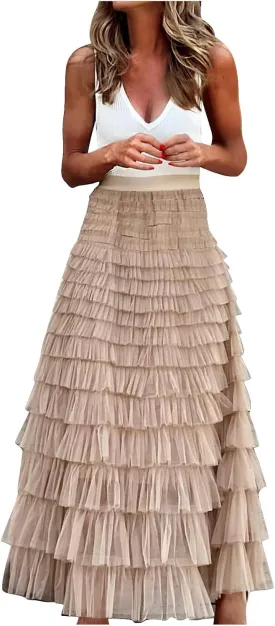 Women Flowy Maxi Skirts High Waist Elastic Multilayer Tulle Pleated Fairy Tiered Layered Ruffle Long Cake Skirt