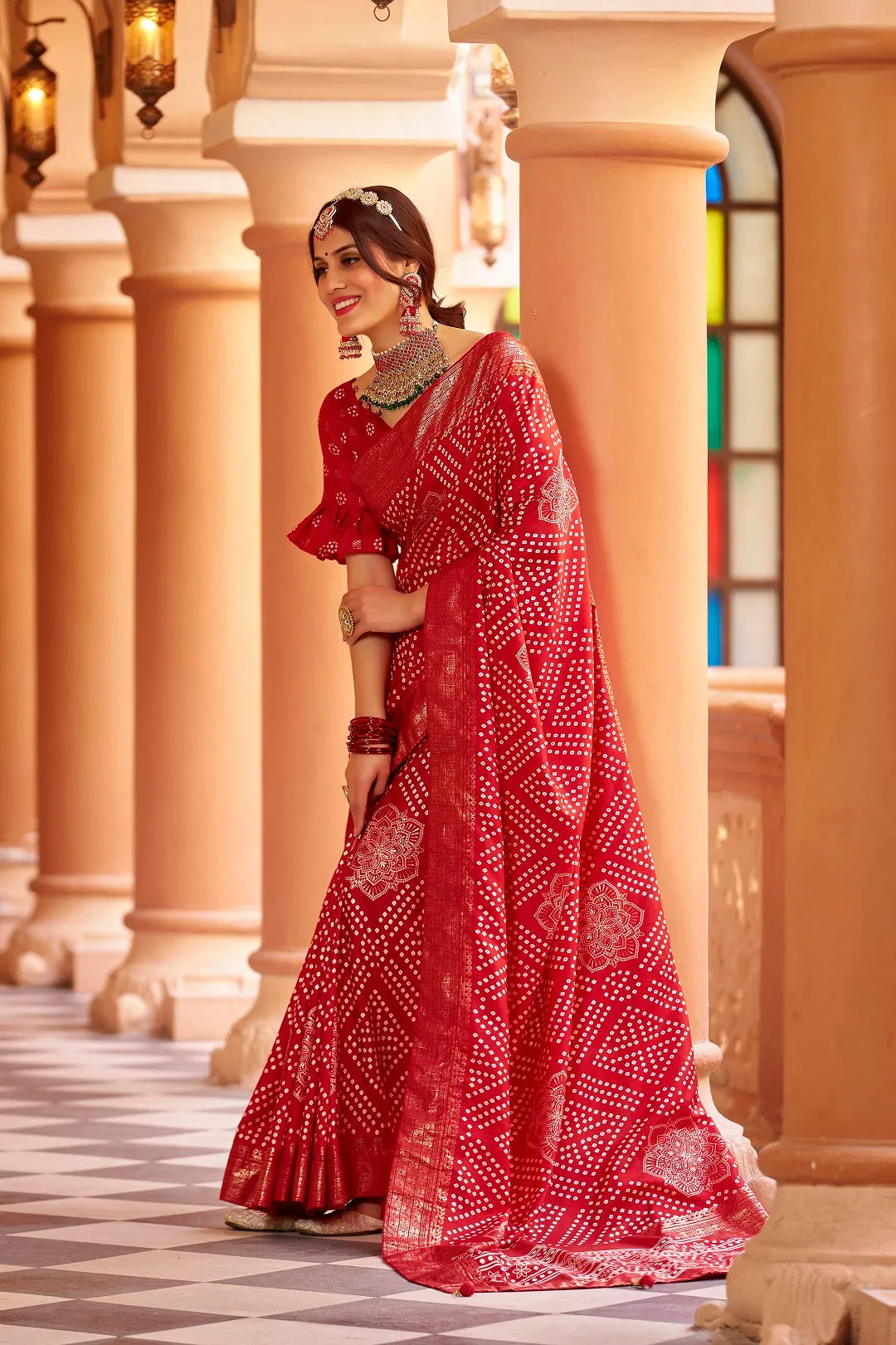 Women Party Wear Bandhani Printed Dola Silk Saree With Un Stitched Blouse