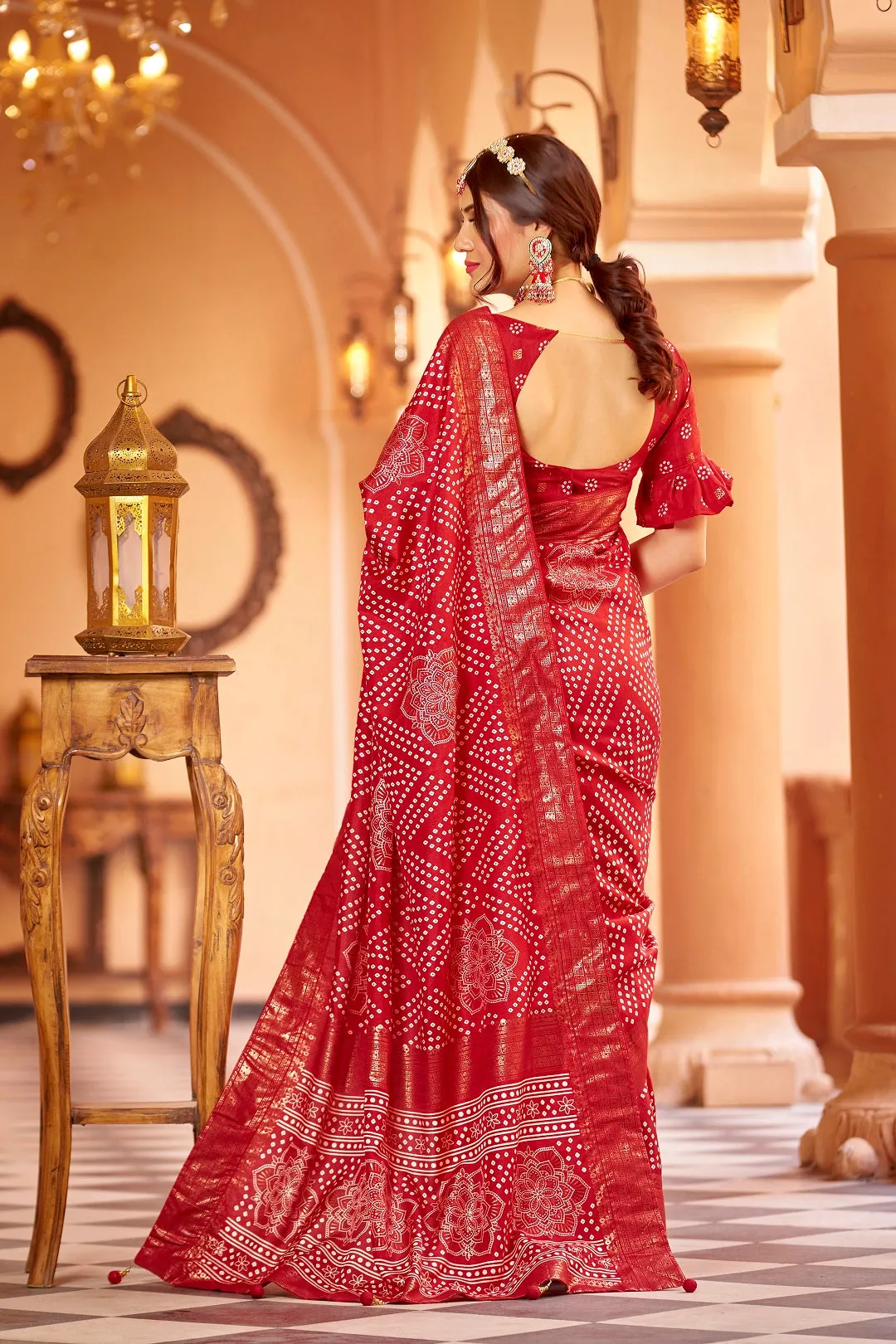 Women Party Wear Bandhani Printed Dola Silk Saree With Un Stitched Blouse