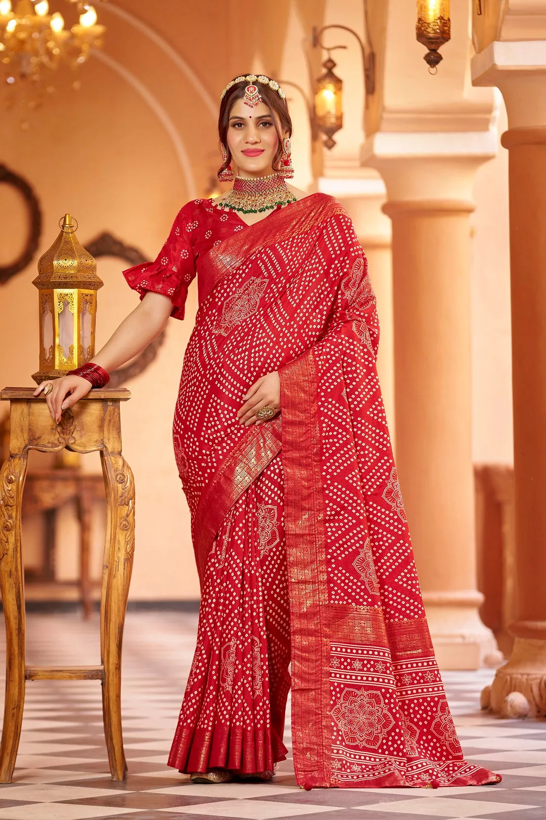 Women Party Wear Bandhani Printed Dola Silk Saree With Un Stitched Blouse