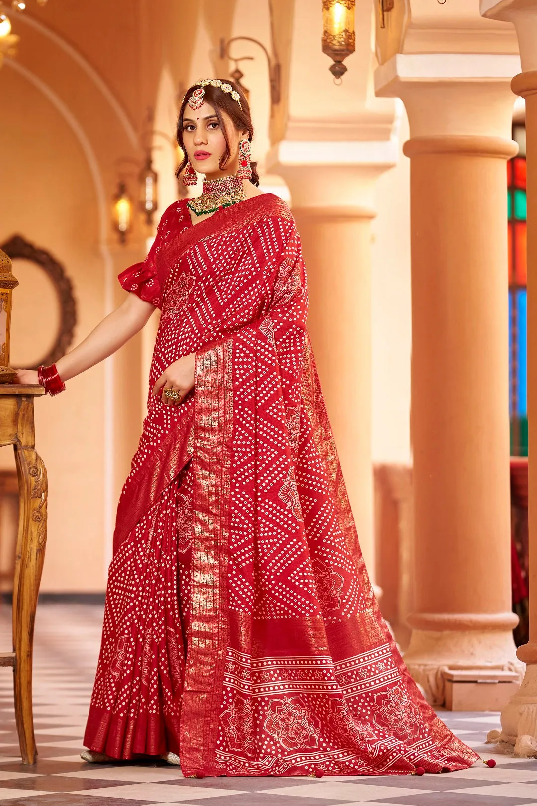 Women Party Wear Bandhani Printed Dola Silk Saree With Un Stitched Blouse