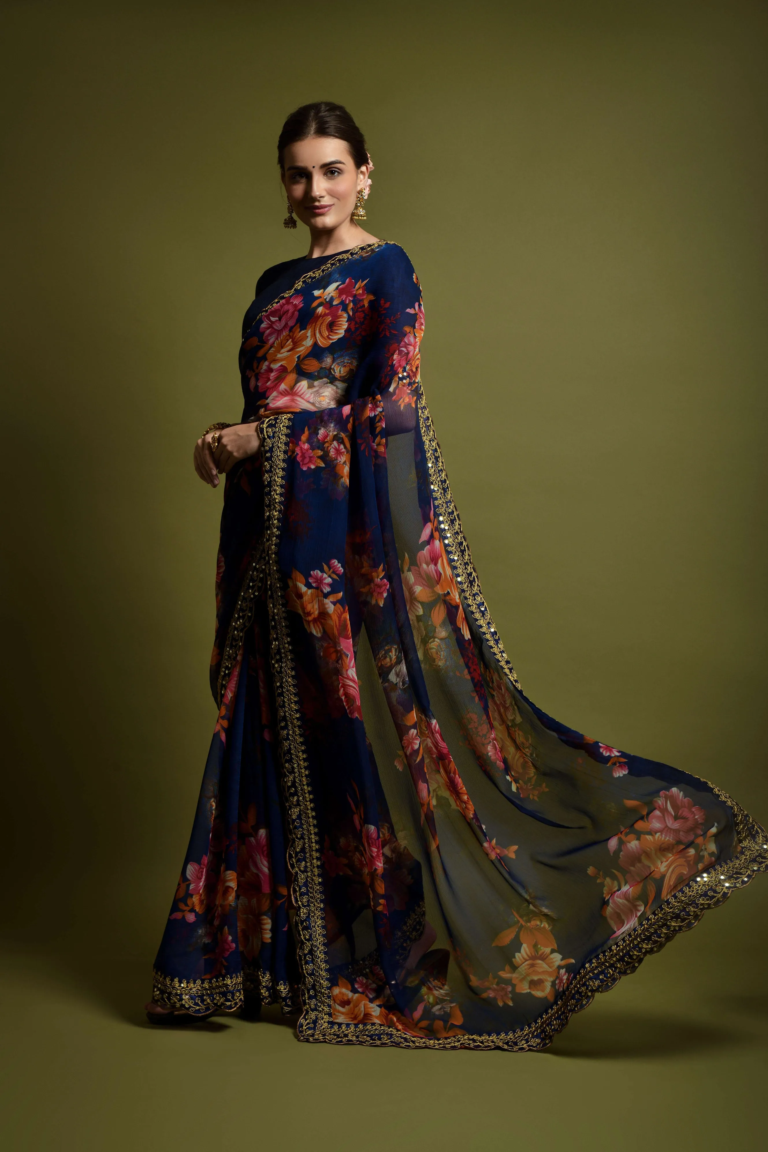 Women Party Wear Designer Blue Colour Heavy Georgette Fabric Flower Printed with Heavy Lace Border
